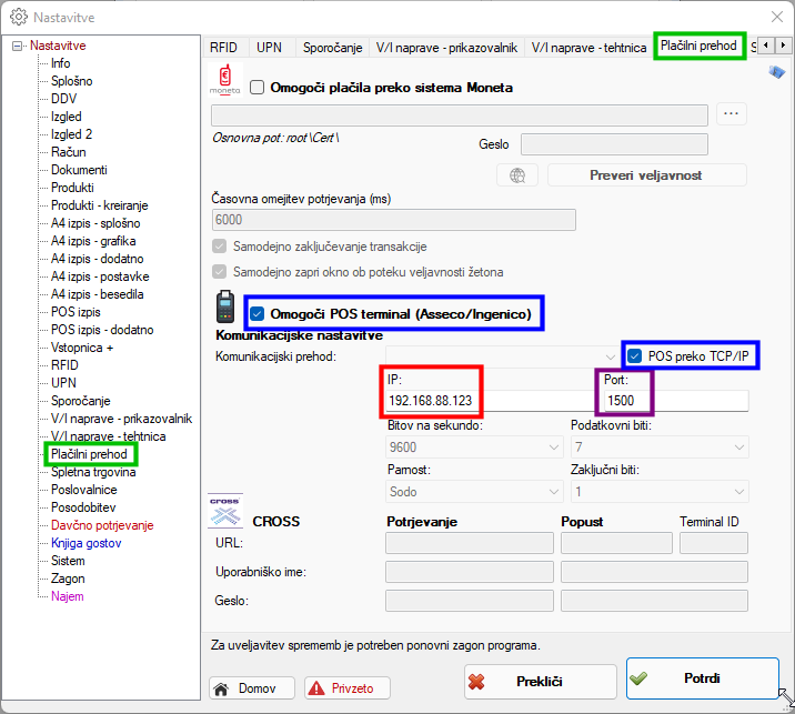 ingenico pos terminal nastavitve