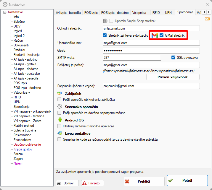 gmail nastavitve