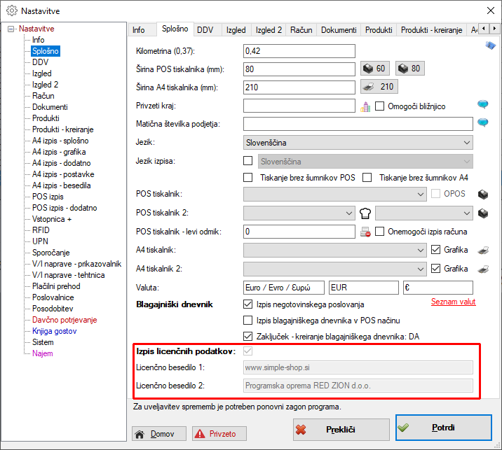 izpis licencnih podatkov